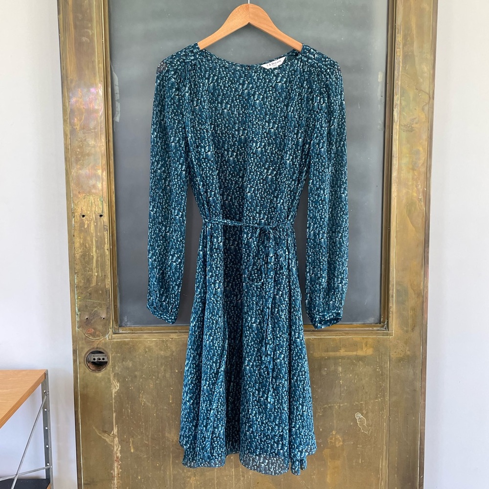L.K. Bennett Blue Teal Layered Longsleeve Chiffon Belted Print Fall Dress US 6